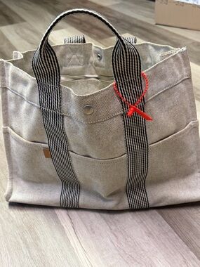 Authentic Hermes Canvas Tote Bag with Striped Handles - Beige